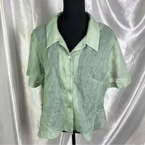 Vintage Sheer Light Green Cottagecore Short Sleeve Button-Up Blouse | Size 18